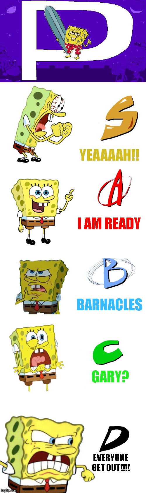 Spongebob Rank Screen | YEAAAAH!! I AM READY; BARNACLES; GARY? EVERYONE
GET OUT!!!! | image tagged in pizza tower ranks | made w/ Imgflip meme maker