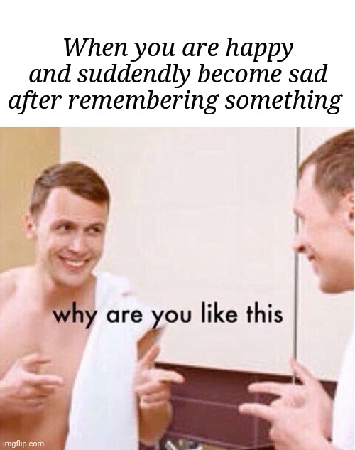 why are you like this | When you are happy and suddendly become sad after remembering something | image tagged in why are you like this | made w/ Imgflip meme maker