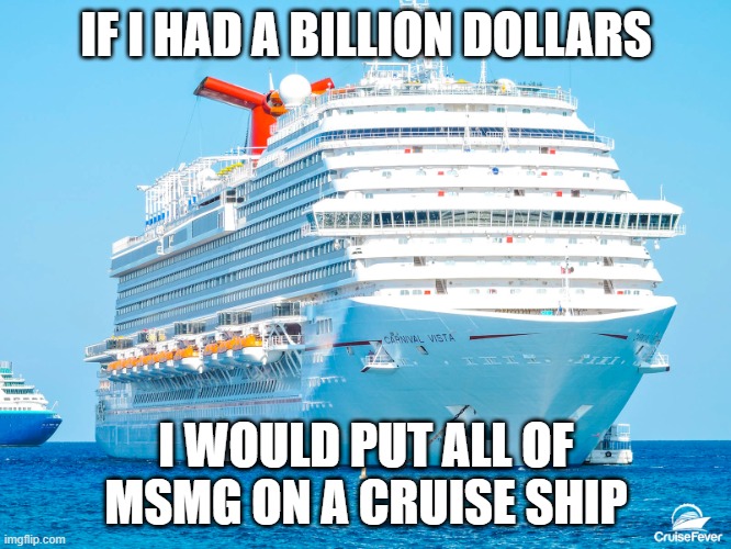 we should have a streamwide irl meet or something | IF I HAD A BILLION DOLLARS; I WOULD PUT ALL OF MSMG ON A CRUISE SHIP | image tagged in carnival cruise ship,msmg,imgflip,memes,billionaire,vacation | made w/ Imgflip meme maker