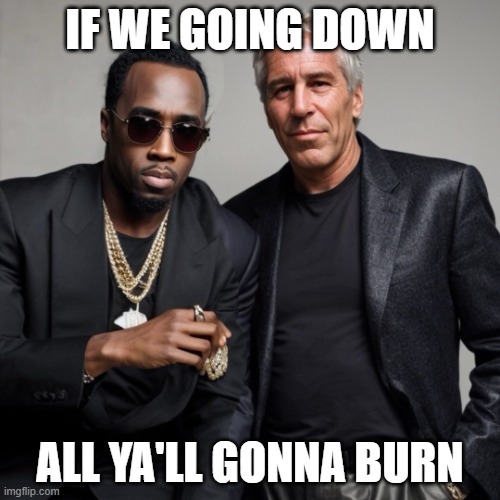 P diddy Epstein | IF WE GOING DOWN; ALL YA'LL GONNA BURN | image tagged in p diddy epstein | made w/ Imgflip meme maker