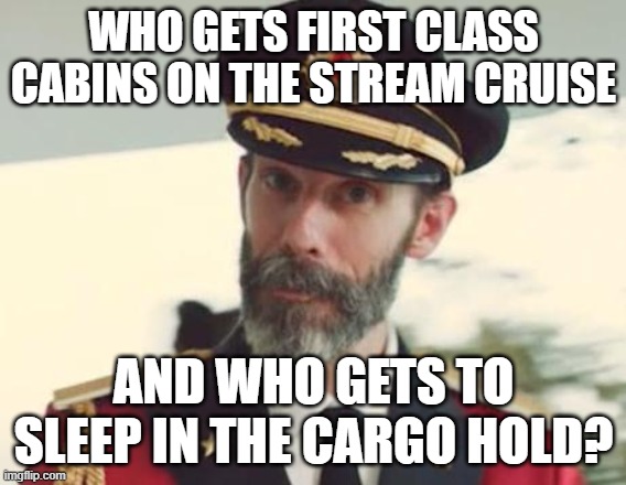 Captain Obvious | WHO GETS FIRST CLASS CABINS ON THE STREAM CRUISE; AND WHO GETS TO SLEEP IN THE CARGO HOLD? | image tagged in captain obvious,cruise ship,msmg,question,memes,funny | made w/ Imgflip meme maker