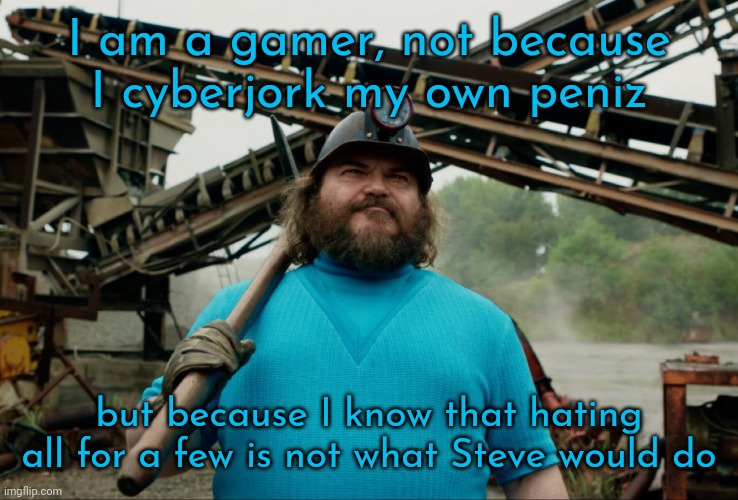 @JackNCoke | I am a gamer, not because I cyberjork my own peniz; but because I know that hating all for a few is not what Steve would do | image tagged in steve minecraft movie | made w/ Imgflip meme maker