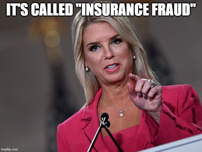 Pam Bondi | IT'S CALLED "INSURANCE FRAUD" | image tagged in pam bondi | made w/ Imgflip meme maker