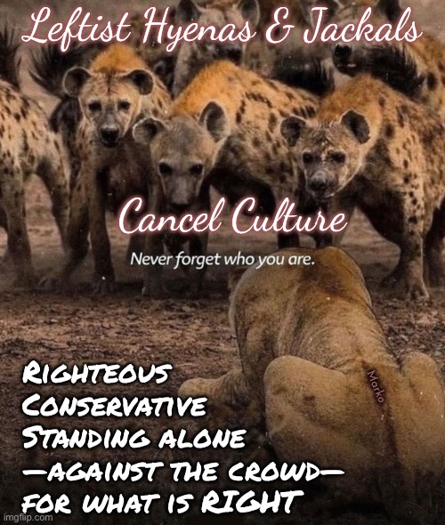 WE Know Who WE Are | Leftist Hyenas & Jackals; Cancel Culture; Marko; Righteous
Conservative
Standing alone
—against the crowd—
for what is RIGHT | image tagged in memes,who roots for the attacking hyenas,sniveling little punkazzbitchez,stand with the principled,fjbvoterskissmyass | made w/ Imgflip meme maker