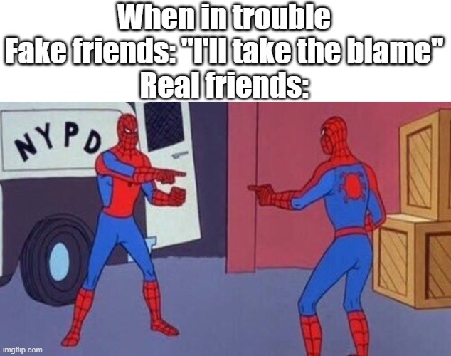 IT WAS HIM! NO, IT WAS HIM! | When in trouble
Fake friends: "I'll take the blame"
Real friends: | image tagged in spiderman pointing at spiderman,funny,memes,relatable,oh wow are you actually reading these tags | made w/ Imgflip meme maker