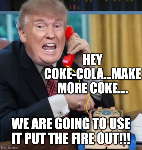 If you are wondering why they dont use salt water....this is for you | HEY COKE-COLA...MAKE MORE COKE.... WE ARE GOING TO USE IT PUT THE FIRE OUT!!! | image tagged in i'm the president | made w/ Imgflip meme maker