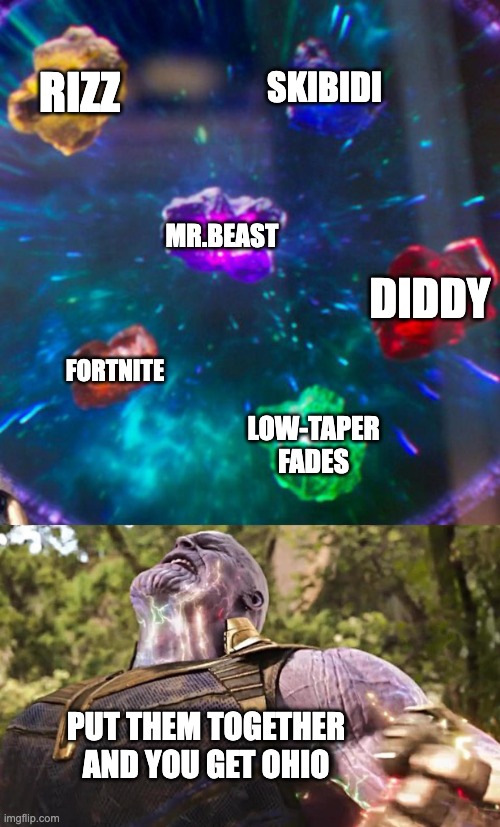 Thanos Infinity Stones | RIZZ; SKIBIDI; MR.BEAST; DIDDY; FORTNITE; LOW-TAPER FADES; PUT THEM TOGETHER AND YOU GET OHIO | image tagged in thanos infinity stones | made w/ Imgflip meme maker