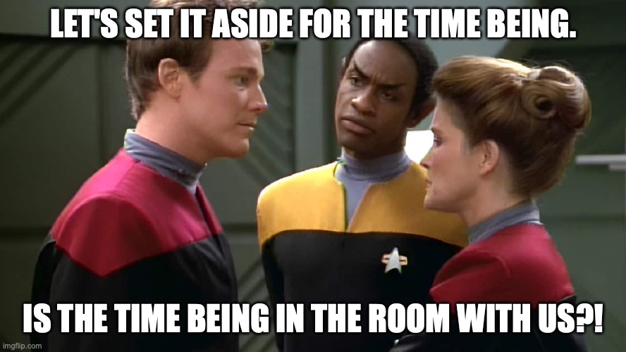 Janeway and Paris | LET'S SET IT ASIDE FOR THE TIME BEING. IS THE TIME BEING IN THE ROOM WITH US?! | image tagged in janeway,lt paris,tuvok | made w/ Imgflip meme maker