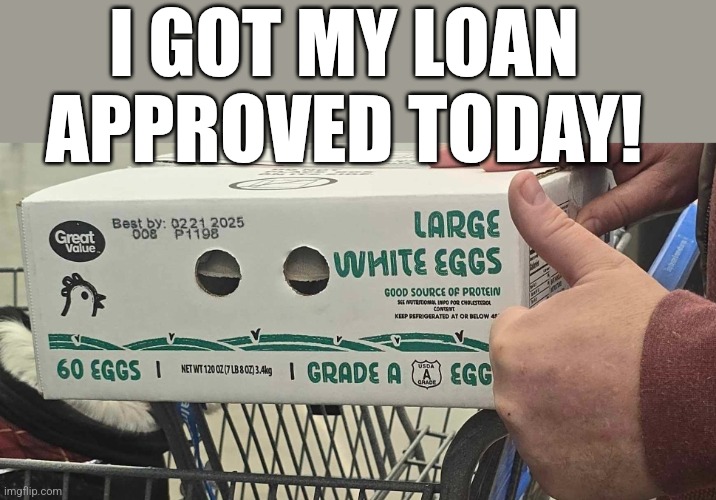 High egg prices | I GOT MY LOAN APPROVED TODAY! | image tagged in eggs,groceries,inflation | made w/ Imgflip meme maker