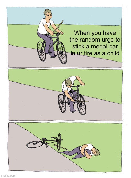 Bike Fall | When you have the random urge to stick a medal bar in ur tire as a child | image tagged in memes,bike fall | made w/ Imgflip meme maker