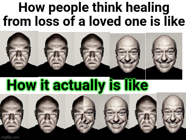 And after some point, sadness keeps coming back in waves for a while | How people think healing from loss of a loved one is like; How it actually is like | made w/ Imgflip meme maker