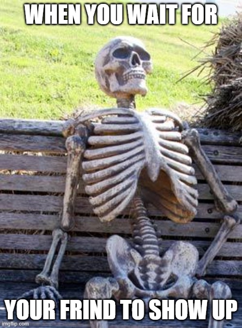 Waiting Skeleton | WHEN YOU WAIT FOR; YOUR FRIND TO SHOW UP | image tagged in memes,waiting skeleton | made w/ Imgflip meme maker