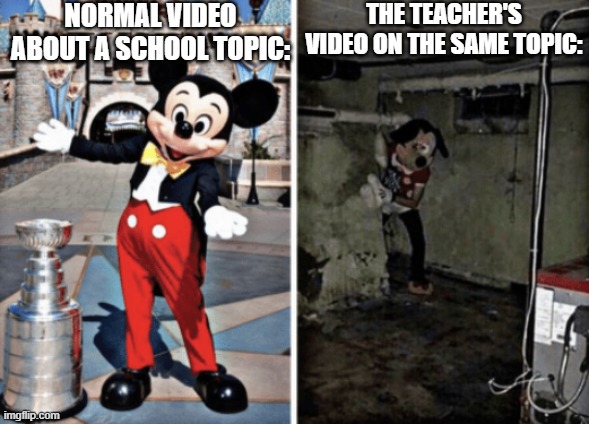 Basement Mickey Mouse | NORMAL VIDEO ABOUT A SCHOOL TOPIC:; THE TEACHER'S VIDEO ON THE SAME TOPIC: | image tagged in basement mickey mouse,memes,school memes | made w/ Imgflip meme maker