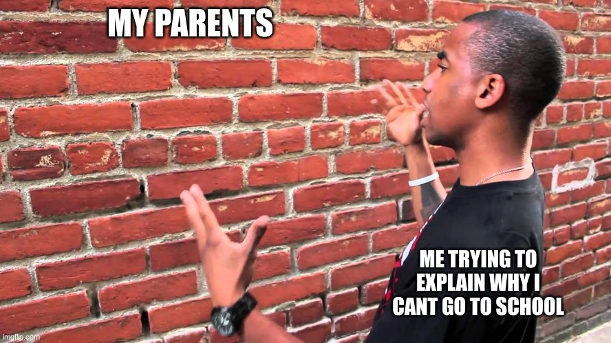 Talking to wall | MY PARENTS; ME TRYING TO EXPLAIN WHY I CANT GO TO SCHOOL | image tagged in talking to wall | made w/ Imgflip meme maker