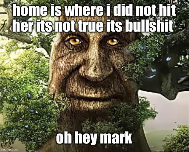 tree | home is where i did not hit her its not true its bullshit; oh hey mark | image tagged in tree | made w/ Imgflip meme maker