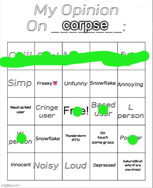 My Opinion On ________: Bingo by Andika V2 | corpse | image tagged in my opinion on ________ bingo by andika v2 | made w/ Imgflip meme maker