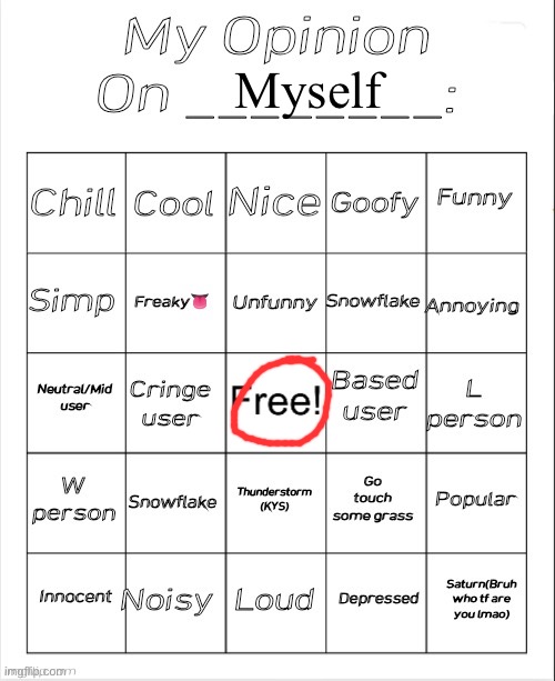 Damn!!!! | Myself | image tagged in my opinion on ________ bingo by andika v2 | made w/ Imgflip meme maker