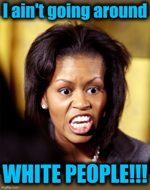 Michelle 0bama | I ain't going around; WHITE PEOPLE!!! | image tagged in michelle obama lookalike,memes,hatred,democrats,trump derangement syndrome,inauguration | made w/ Imgflip meme maker