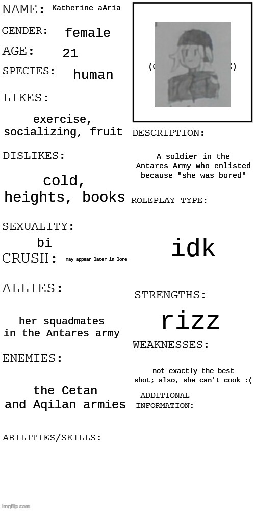 remember when I said more lore? here it is :) | Katherine aAria; female; 21; human; exercise, socializing, fruit; A soldier in the Antares Army who enlisted because "she was bored"; cold, heights, books; idk; bi; may appear later in lore; rizz; her squadmates in the Antares army; not exactly the best shot; also, she can't cook :(; the Cetan and Aqilan armies | image tagged in updated roleplay oc showcase | made w/ Imgflip meme maker