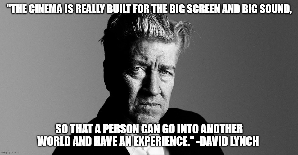 David Lynch | "THE CINEMA IS REALLY BUILT FOR THE BIG SCREEN AND BIG SOUND, SO THAT A PERSON CAN GO INTO ANOTHER WORLD AND HAVE AN EXPERIENCE." -DAVID LYNCH | image tagged in david lynch,dead celebrities | made w/ Imgflip meme maker