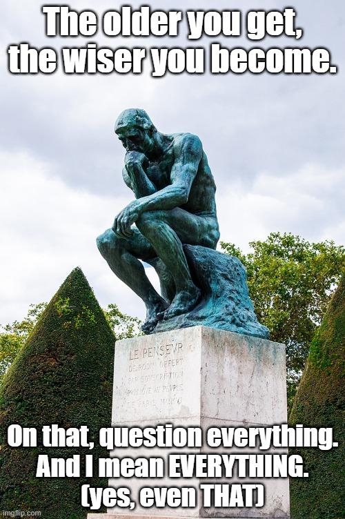 Wisdom | The older you get, the wiser you become. On that, question everything.
And I mean EVERYTHING.
(yes, even THAT) | image tagged in wisdom | made w/ Imgflip meme maker