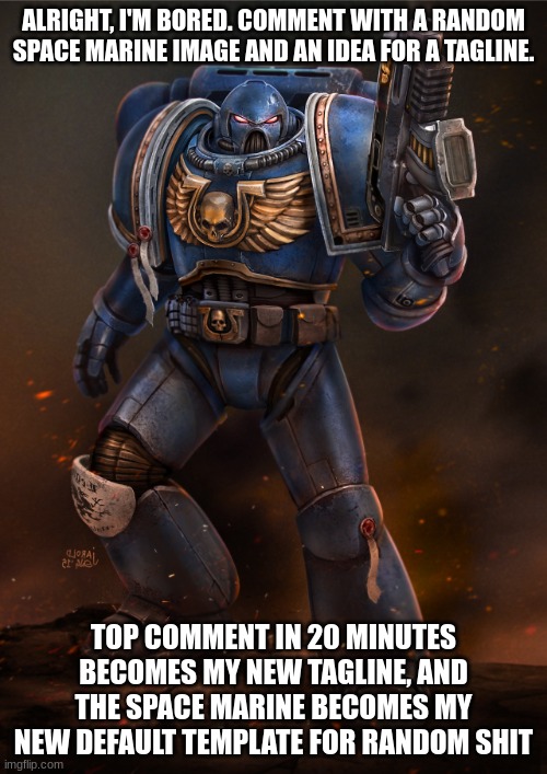 Again, ik nobody cares, I'm just bored. | ALRIGHT, I'M BORED. COMMENT WITH A RANDOM SPACE MARINE IMAGE AND AN IDEA FOR A TAGLINE. TOP COMMENT IN 20 MINUTES BECOMES MY NEW TAGLINE, AND THE SPACE MARINE BECOMES MY NEW DEFAULT TEMPLATE FOR RANDOM SHIT | made w/ Imgflip meme maker