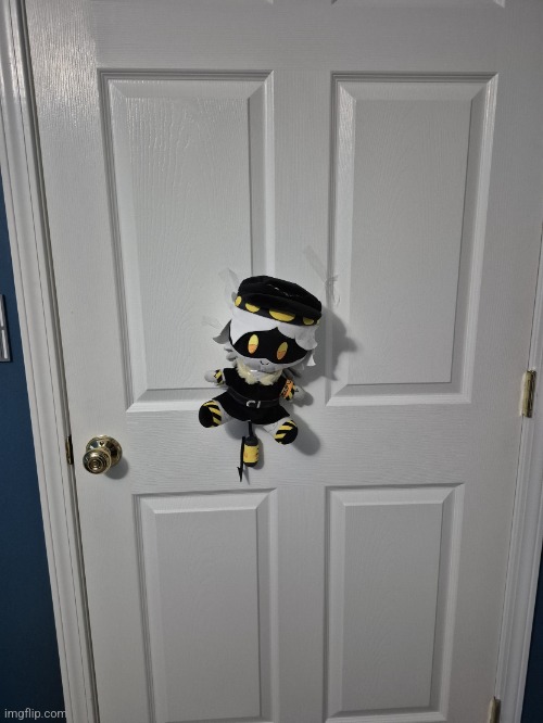 Taped boi | image tagged in tape n,n,murder drones,plush,taped to door | made w/ Imgflip meme maker