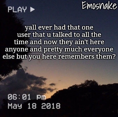 Emosnake's dreamy temp | yall ever had that one user that u talked to all the time and now they ain't here anyone and pretty much everyone else but you here remembers them? | image tagged in emosnake's dreamy temp | made w/ Imgflip meme maker