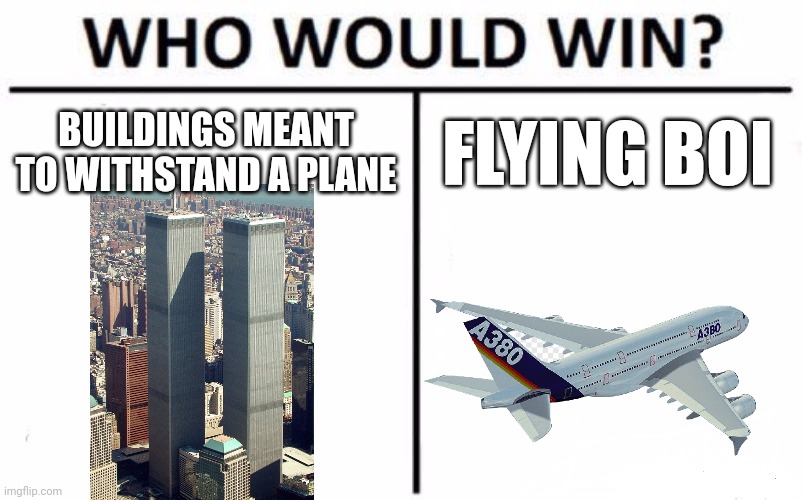 Who Would Win? Meme | BUILDINGS MEANT TO WITHSTAND A PLANE; FLYING BOI | image tagged in memes,who would win | made w/ Imgflip meme maker