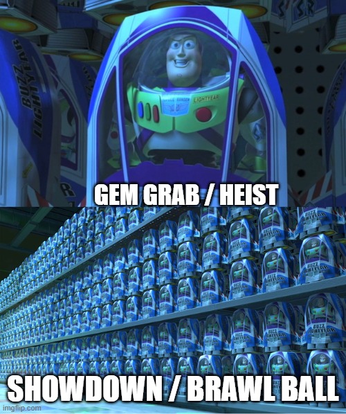 Brawl stars rn | GEM GRAB / HEIST; SHOWDOWN / BRAWL BALL | image tagged in buzz lightyear clones | made w/ Imgflip meme maker