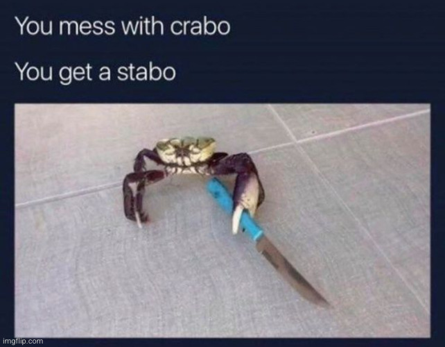 you mess with crabbo you get the stabbo | image tagged in crabbo,stabbo,draco,uh oh,snow,woah | made w/ Imgflip meme maker