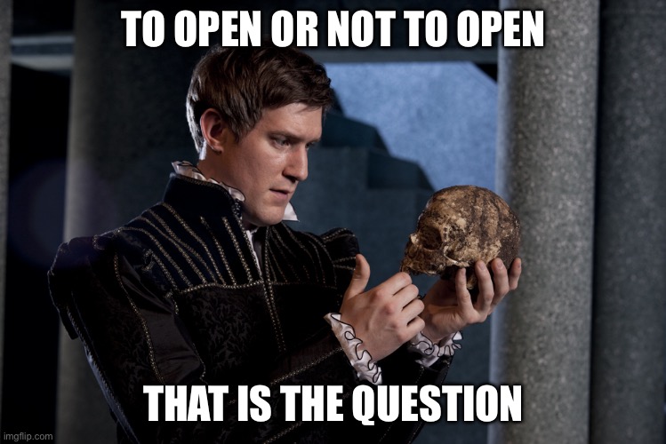 to be or not to be | TO OPEN OR NOT TO OPEN THAT IS THE QUESTION | image tagged in to be or not to be | made w/ Imgflip meme maker