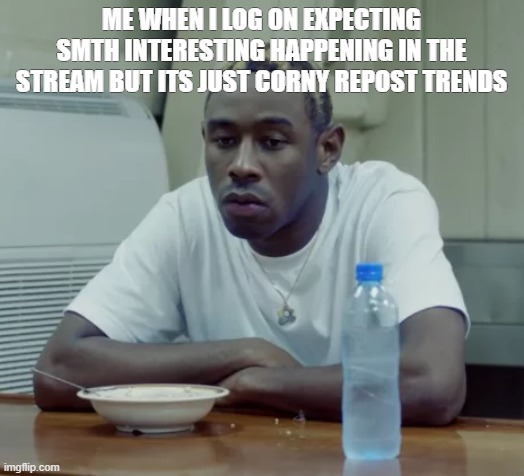 Tyler sad | ME WHEN I LOG ON EXPECTING SMTH INTERESTING HAPPENING IN THE STREAM BUT ITS JUST CORNY REPOST TRENDS | image tagged in tyler sad | made w/ Imgflip meme maker