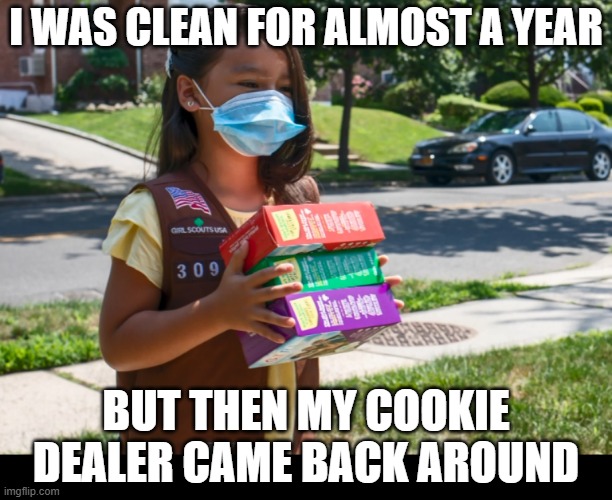 Clean for a Year | I WAS CLEAN FOR ALMOST A YEAR; BUT THEN MY COOKIE DEALER CAME BACK AROUND | image tagged in girl scout cookies,dealer | made w/ Imgflip meme maker