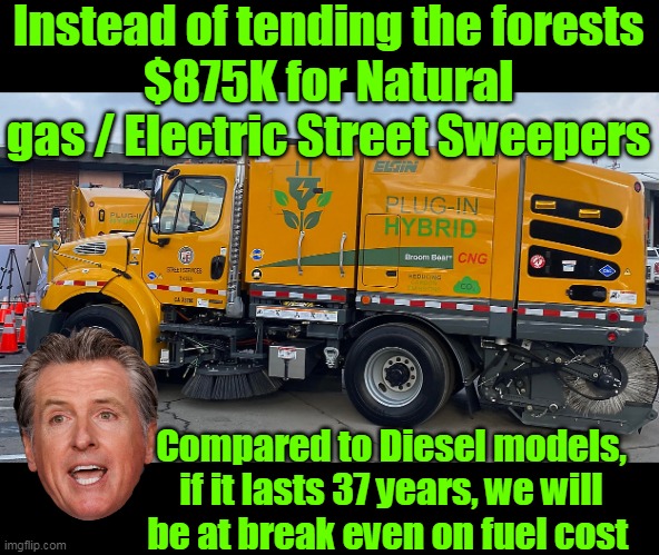 Fiscally Responsible Gavin | Instead of tending the forests
$875K for Natural gas / Electric Street Sweepers; Compared to Diesel models, if it lasts 37 years, we will be at break even on fuel cost | image tagged in la hybrid street sweepers meme | made w/ Imgflip meme maker