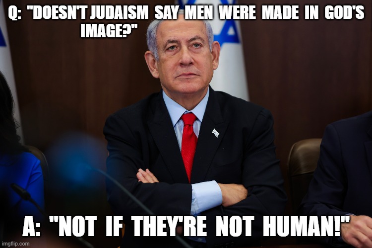 The Fine Print | Q:  "DOESN'T JUDAISM  SAY  MEN  WERE  MADE  IN  GOD'S  IMAGE?"; A:  "NOT  IF  THEY'RE  NOT  HUMAN!" | made w/ Imgflip meme maker