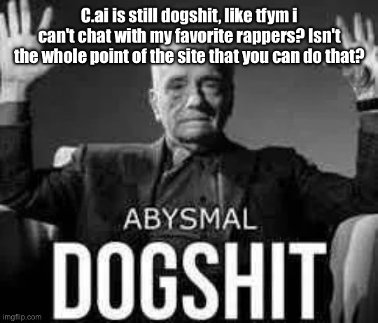 Abysmal dogshit | C.ai is still dogshit, like tfym i can't chat with my favorite rappers? Isn't the whole point of the site that you can do that? | image tagged in abysmal dogshit | made w/ Imgflip meme maker