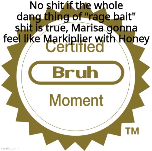 Certified bruh moment | No shit if the whole dang thing of "rage bait" shit is true, Marisa gonna feel like Markiplier with Honey | image tagged in certified bruh moment | made w/ Imgflip meme maker