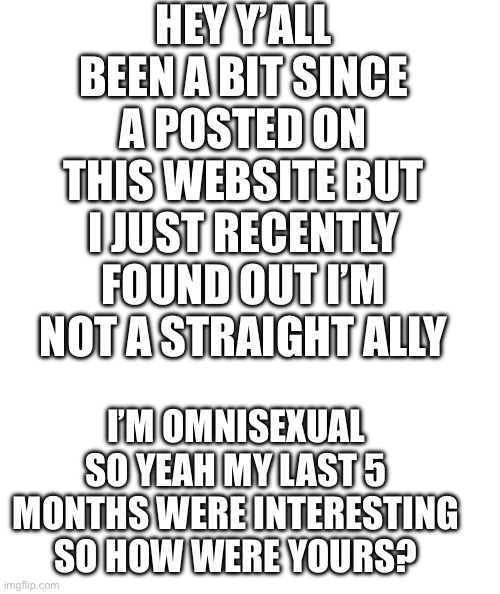 Hi ? | HEY Y’ALL BEEN A BIT SINCE A POSTED ON THIS WEBSITE BUT I JUST RECENTLY FOUND OUT I’M NOT A STRAIGHT ALLY; I’M OMNISEXUAL SO YEAH MY LAST 5 MONTHS WERE INTERESTING SO HOW WERE YOURS? | image tagged in white rectangle | made w/ Imgflip meme maker