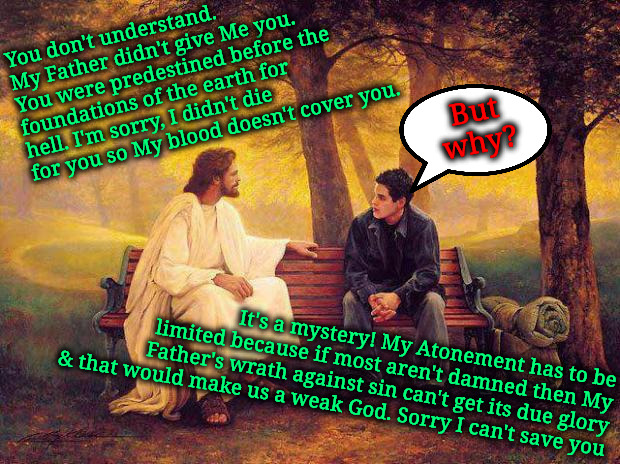 Sorry, I Can't Save You | You don't understand. My Father didn't give Me you. You were predestined before the foundations of the earth for hell. I'm sorry, I didn't die for you so My blood doesn't cover you. But why? It's a mystery! My Atonement has to be limited because if most aren't damned then My Father's wrath against sin can't get its due glory & that would make us a weak God. Sorry I can't save you | image tagged in jesus_talks,calvinism,arminian,molinism,reformed theology 5 point calvinists,limited atonement unbiblical trash | made w/ Imgflip meme maker