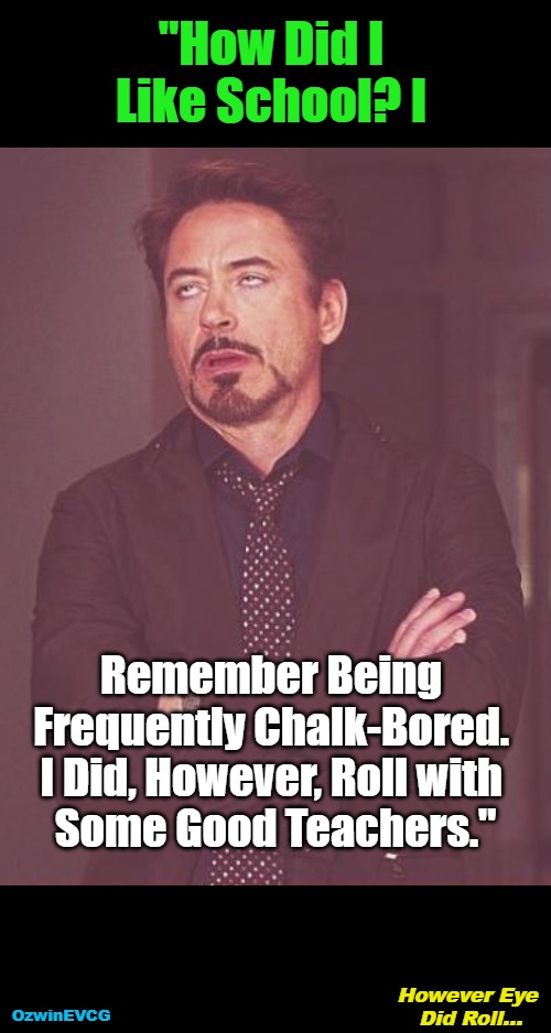 However Eye Did Roll... | "How Did I 

Like School? I; Remember Being 

Frequently Chalk-Bored. 

I Did, However, Roll with 

Some Good Teachers."; However Eye 

Did Roll... OzwinEVCG | image tagged in face you make,school,teachers,annoying robert,questions,memories | made w/ Imgflip meme maker