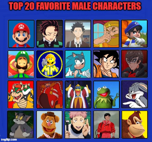 top 20 favorite male characters | image tagged in top 20 favorite male characters,videogames,movies,anime,cartoons,mario | made w/ Imgflip meme maker