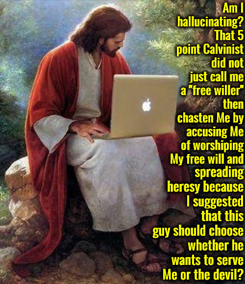 I Wouldn't Be Surprised If They Did | Am I hallucinating? That 5 point Calvinist did not just call me a "free willer" then chasten Me by accusing Me of worshiping My free will and; spreading heresy because I suggested that this guy should choose whether he wants to serve Me or the devil? | image tagged in jesusmacbook,calvinism,arminian,molinism,free will,you have sinned child prepare to feel the sweet embrace of death | made w/ Imgflip meme maker