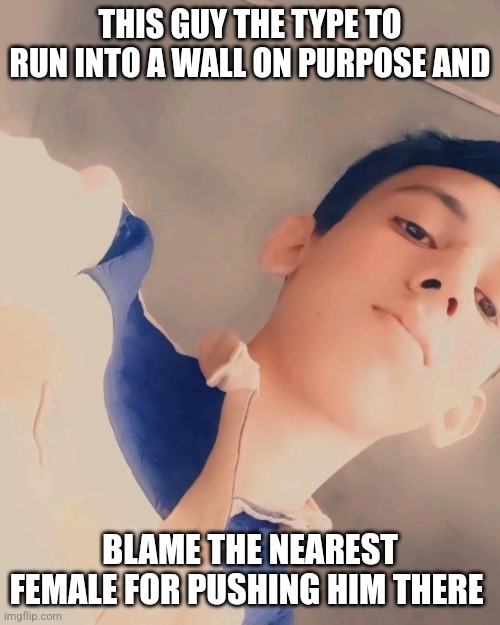 THIS GUY THE TYPE TO RUN INTO A WALL ON PURPOSE AND; BLAME THE NEAREST FEMALE FOR PUSHING HIM THERE | made w/ Imgflip meme maker