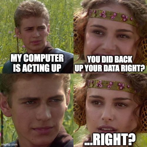 Backup | MY COMPUTER IS ACTING UP; YOU DID BACK UP YOUR DATA RIGHT? ...RIGHT? | image tagged in anakin padme 4 panel | made w/ Imgflip meme maker