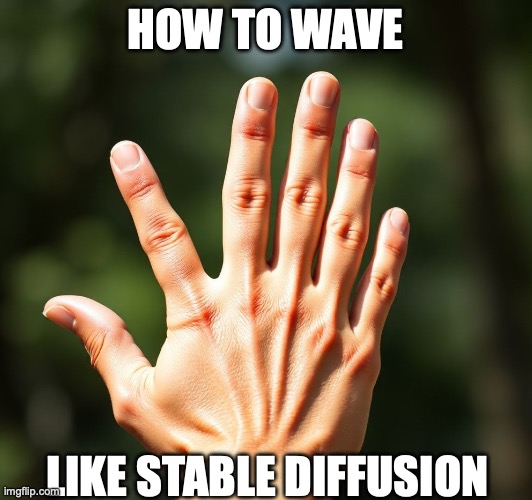 AI hand | HOW TO WAVE; LIKE STABLE DIFFUSION | image tagged in memes | made w/ Imgflip meme maker