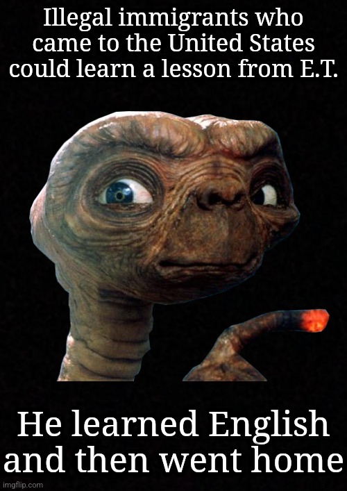 E.T. | Illegal immigrants who came to the United States could learn a lesson from E.T. He learned English and then went home | image tagged in extraterrestrial,illegal immigration,true story,illegal aliens | made w/ Imgflip meme maker