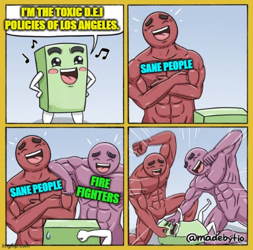 I think of those L.A. fire fighters fired because they refused that new order to take the COVID jab. | I'M THE TOXIC D.E.I POLICIES OF LOS ANGELES. SANE PEOPLE; SANE PEOPLE; FIRE FIGHTERS | image tagged in guy getting beat up | made w/ Imgflip meme maker