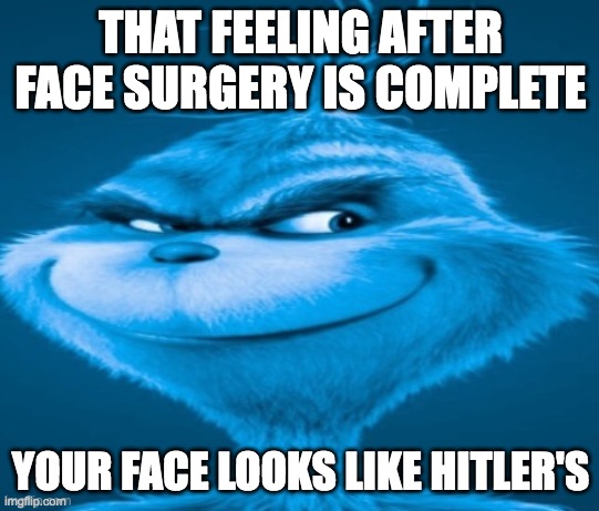 knee surgery | THAT FEELING AFTER FACE SURGERY IS COMPLETE; YOUR FACE LOOKS LIKE HITLER'S | image tagged in knee surgery | made w/ Imgflip meme maker