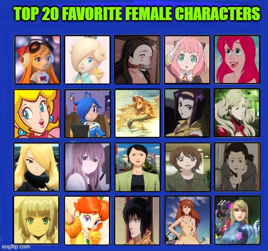 top 20 favorite female characters | TOP 20 FAVORITE FEMALE CHARACTERS | image tagged in 20 female characters of all time,top 20,movies,videogames,anime,the little mermaid | made w/ Imgflip meme maker